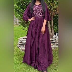 Elegant burgundy Women's Indian lehengha-style Gown+Cancan+ adjustable belt